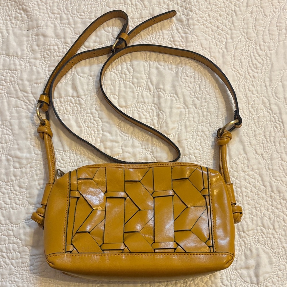 Patricia Nash Livadia mango color leather woven front panel adjustable crossbody